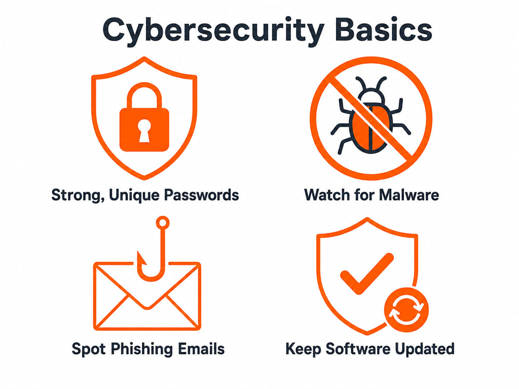 Diagram showing four core cybersecurity habits — strong unique passwords, watching for malware, spotting phishing emails, and keeping software updated