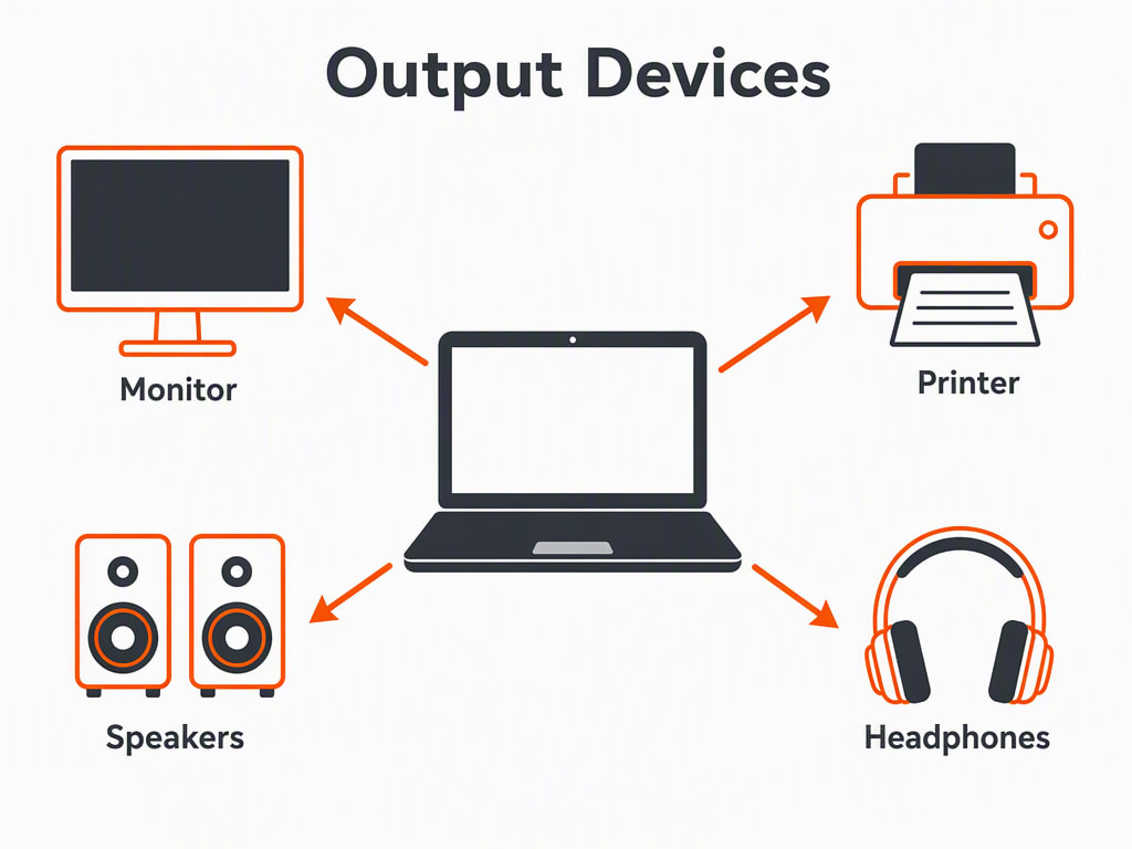 Diagram showing common output devices — a monitor, printer, speakers, and headphones — with arrows pointing out from a central computer