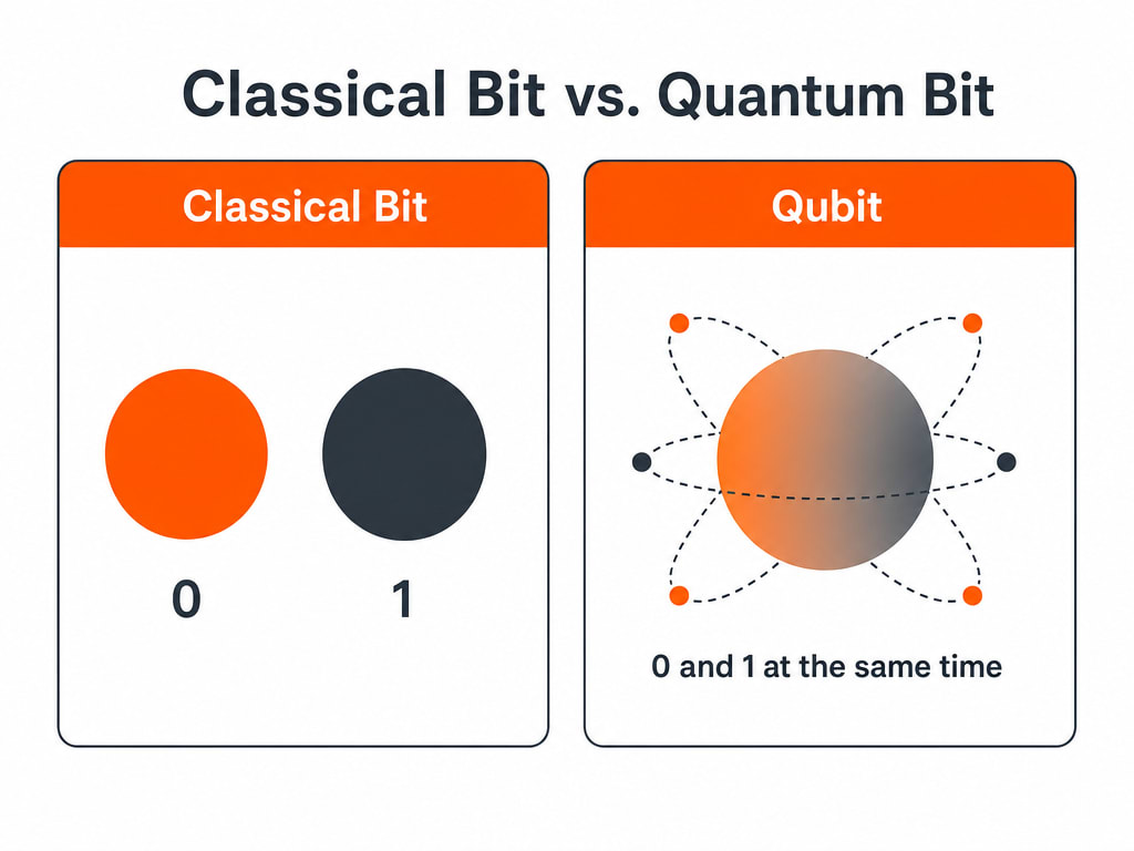 Diagram comparing a classical bit, which is always either 0 or 1, with a qubit, which can exist as a blend of 0 and 1 at the same time