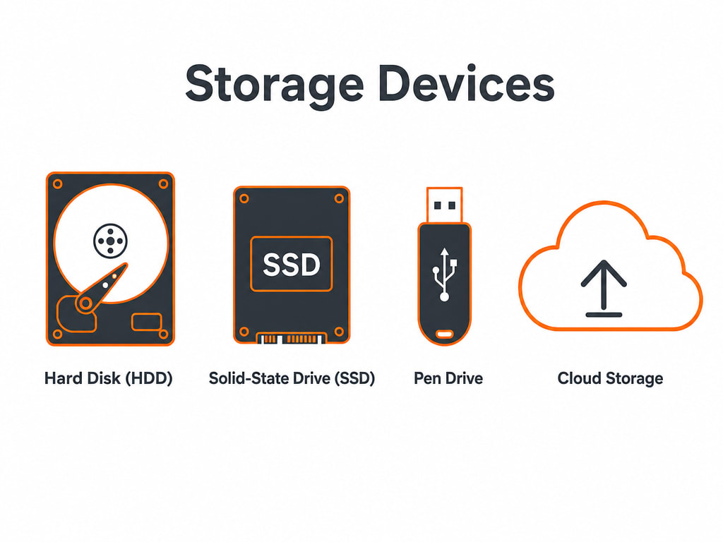 Diagram comparing four storage devices — a hard disk drive, a solid-state drive, a pen drive, and cloud storage