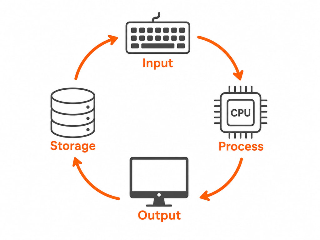 Diagram showing the four basic computer operations — input, process, output, and storage — arranged in a circular cycle