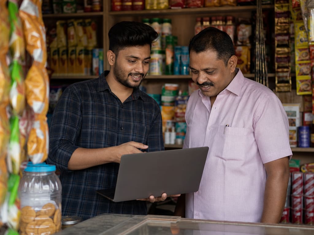 A young freelance developer showing a laptop screen to a small shop owner, both looking at a website mockup together in a small local shop