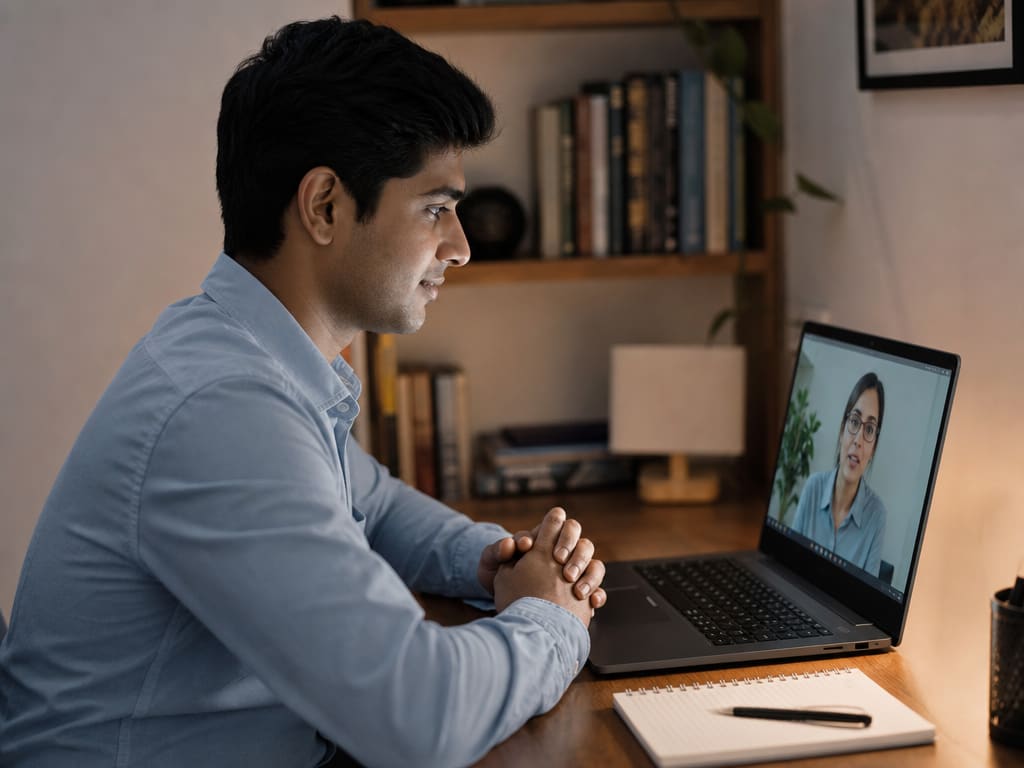 A young job candidate on a video call interview at a laptop in a quiet home setting, notes visible beside the keyboard