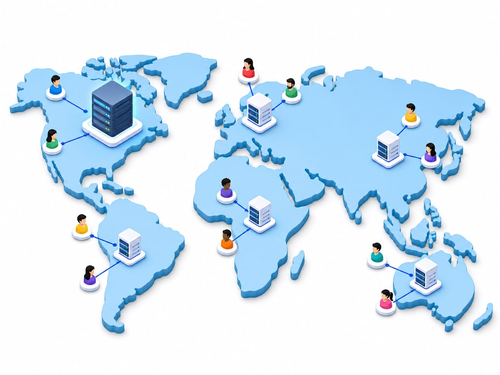 Isometric world map diagram showing one origin server in one location, with several smaller edge server icons distributed across different continents, each connected to nearby visitor icons with short lines instead of one long line back to the origin