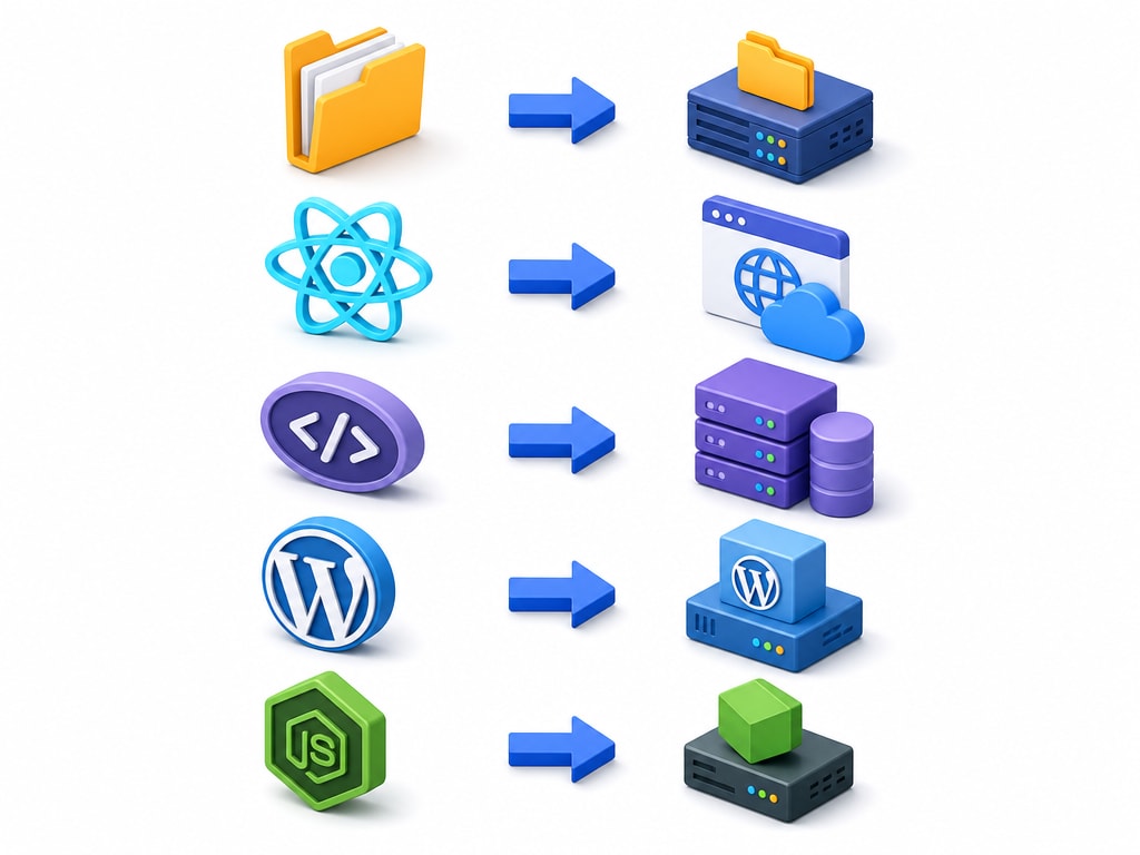 Isometric diagram showing five different project icons — HTML files, a React logo, a PHP elephant-like icon, a WordPress icon, and a Node.js icon — each with an arrow pointing to a matching hosting-type icon