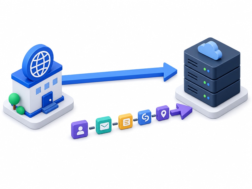 Isometric diagram showing two paths from a domain registrar to a hosting server: one labelled changing nameservers pointing directly to the host, another labelled adding records showing individual DNS entries pointing to the same host
