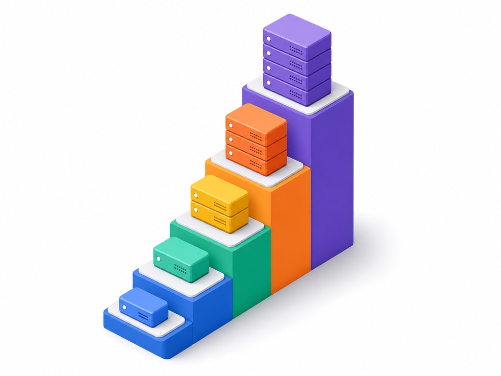 Isometric diagram showing ascending stacked platform blocks of increasing height representing hosting cost tiers from static hosting at the bottom to a dedicated server at the top, no currency symbols or numbers shown
