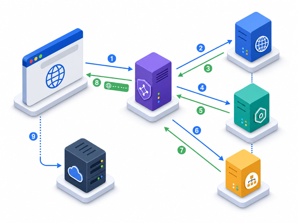 Isometric diagram showing a browser querying a DNS resolver, which queries a chain of nameservers, eventually returning an IP address that the browser uses to connect to a server