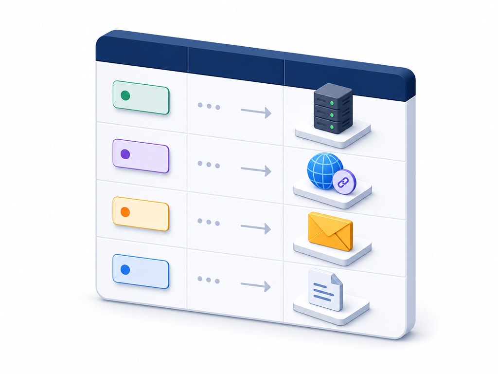 Isometric diagram showing a simple DNS records table with rows labelled A, CNAME, MX, and TXT, each with a small icon showing what it points to — a server, another domain, a mail icon, and a document