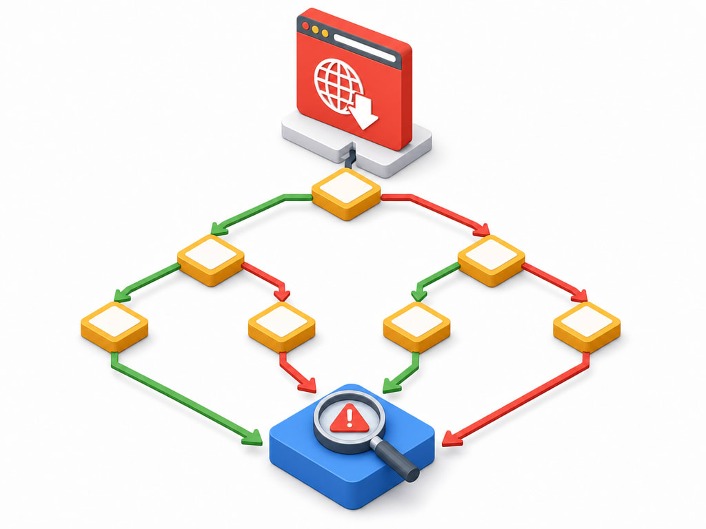 Isometric flowchart diagram showing a decision tree starting from a red down website icon, branching through checkpoints labelled domain, DNS, and host, each with a yes or no path leading toward a found problem icon