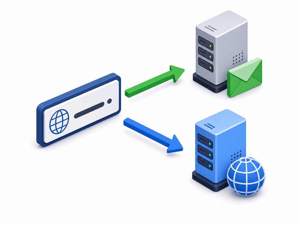 Isometric diagram showing a domain nameplate with an arrow labelled MX record pointing to a separate mail server icon, entirely apart from a second arrow pointing to a website hosting server icon