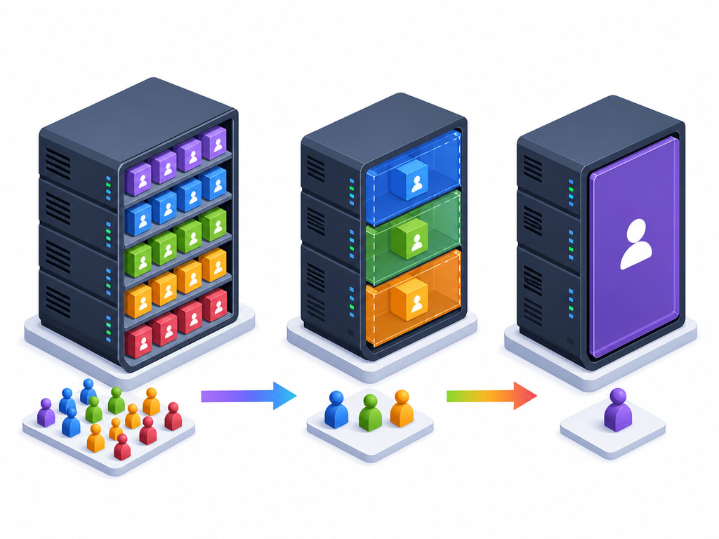 Isometric diagram showing a spectrum of hosting types from left to right — many small tenants sharing one large server, to a few tenants on isolated virtual slices, to one tenant with an entire dedicated server