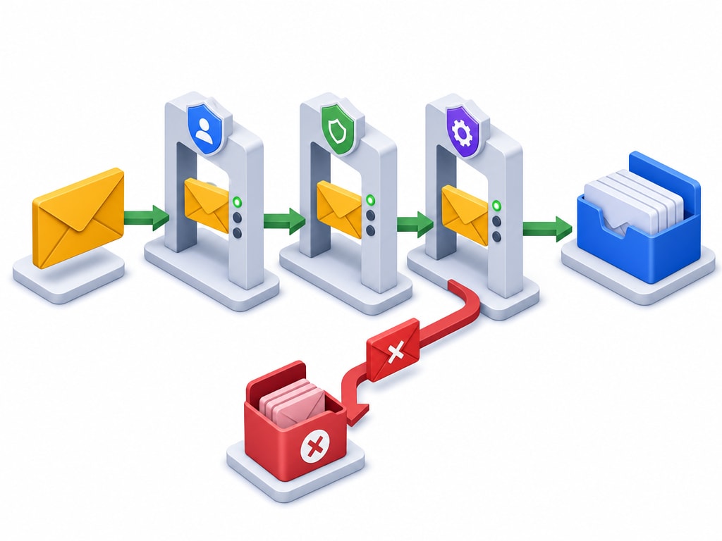 Isometric diagram showing an email envelope passing through three checkpoint gates labelled SPF, DKIM, and DMARC before reaching an inbox tray, with a rejected envelope diverted to a spam folder icon