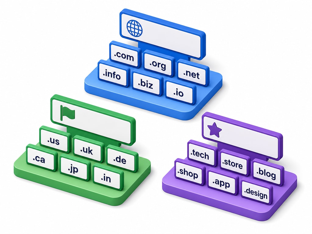 Isometric diagram showing three labelled groups of domain endings — generic TLDs, country-code TLDs, and specialty TLDs — as separate clusters of small nameplate blocks