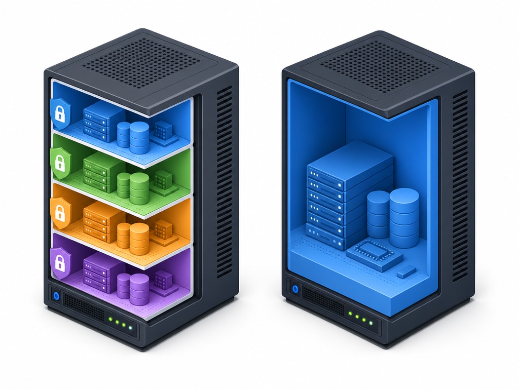 Isometric diagram contrasting one physical server split into several isolated virtual compartments labelled VPS, next to a single physical server entirely occupied by one dedicated tenant