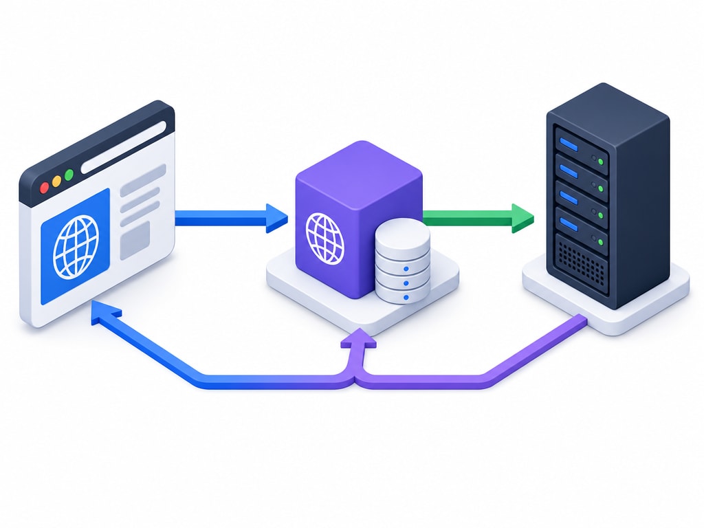 Isometric ডায়াগ্রাম যেখানে একটি ব্রাউজার একটি DNS lookup ধাপের মাধ্যমে একটি সার্ভারে একটি অনুরোধ পাঠাচ্ছে, আর সার্ভারটি একটি রেসপন্স ফেরত পাঠাচ্ছে
