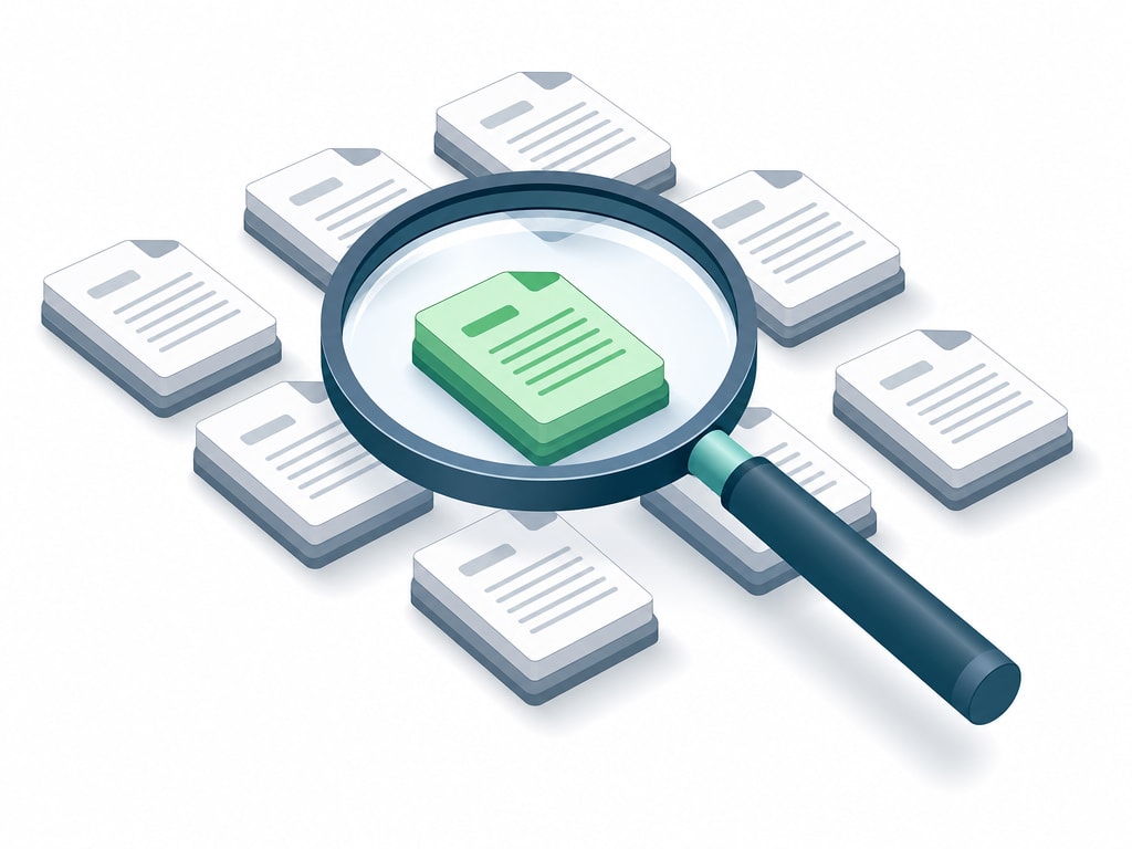 document icon-এর একটা stack-এর ওপর ভাসমান একটা magnifying glass-এর isometric illustration, একটাকে সবুজে highlight করছে