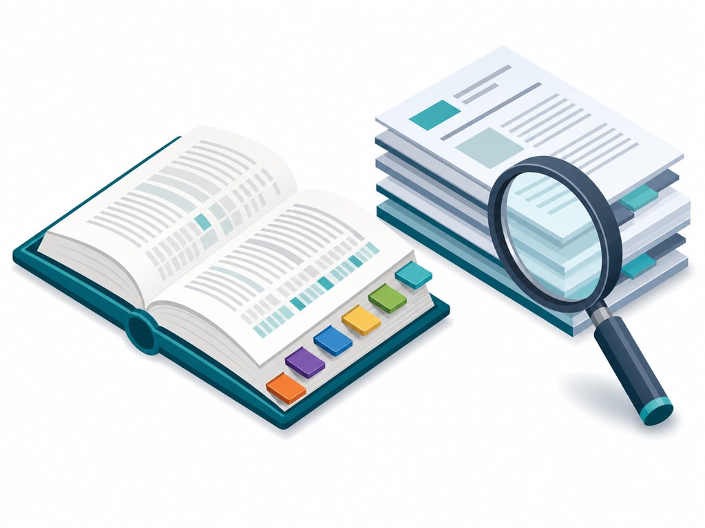 একটা database index represent করা একটা bookmark tab গঠন সহ একটা বইয়ের isometric illustration, search হচ্ছে এমন document-এর একটা stack-এর পাশে