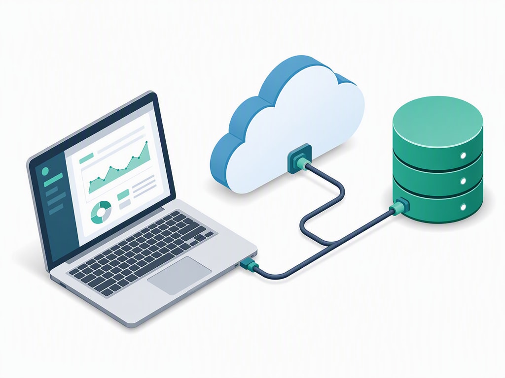 একটা cloud icon-এর মাধ্যমে একটা সবুজ database cylinder-এর সাথে connect হওয়া একটা laptop-এর isometric illustration, MongoDB Atlas cloud hosting represent করছে