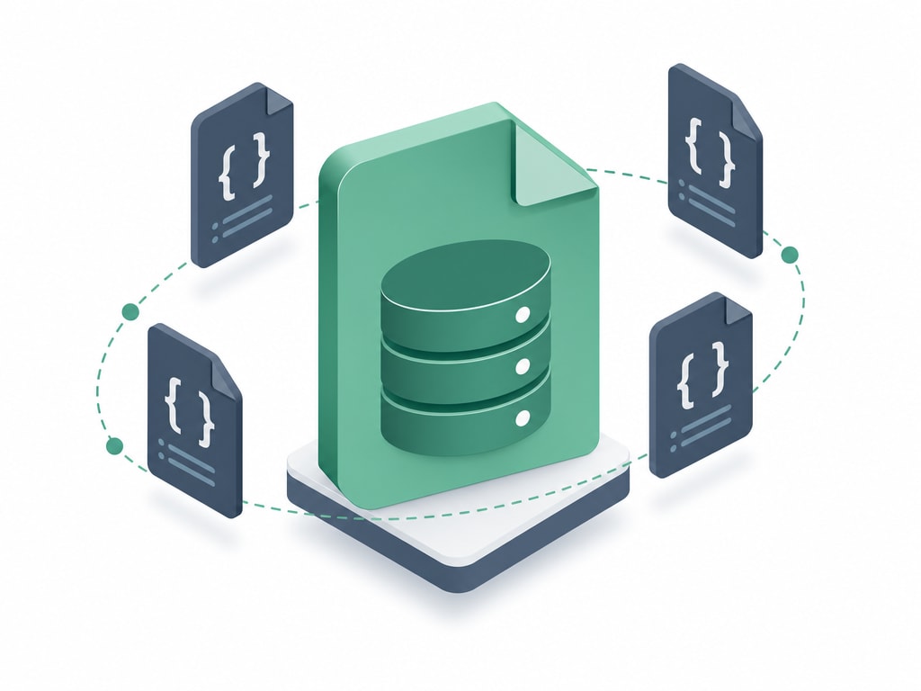 একটা সবুজ document-আকৃতির database icon আর এর চারপাশে ভাসমান curly-brace document সহ একটা isometric illustration