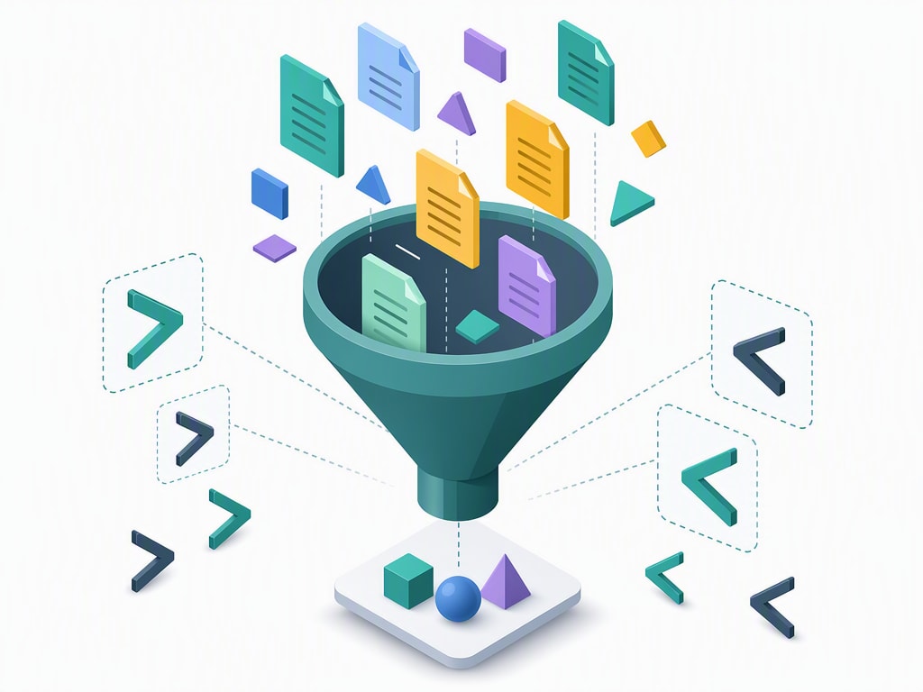 রঙিন document shape filter করা একটা funnel-এর isometric illustration, এর চারপাশে ভাসমান mathematical comparison symbol সহ