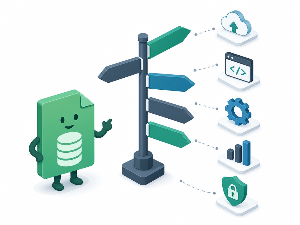 পরের ধাপ represent করে Node.js, React, আর API icon-এর দিকে নির্দেশ করা একটা signpost-এর পাশে দাঁড়ানো একটা সবুজ document database icon-এর isometric illustration