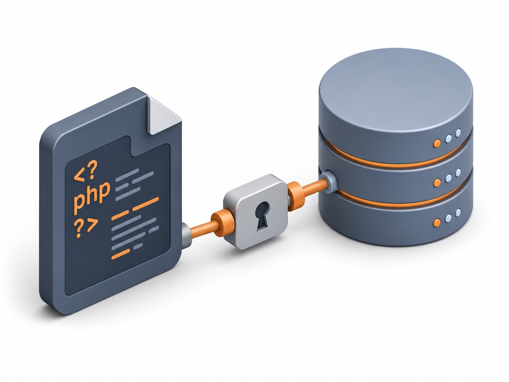 Isometric diagram showing a PHP script connecting through PDO to a MySQL database cylinder, with a small key icon representing credentials