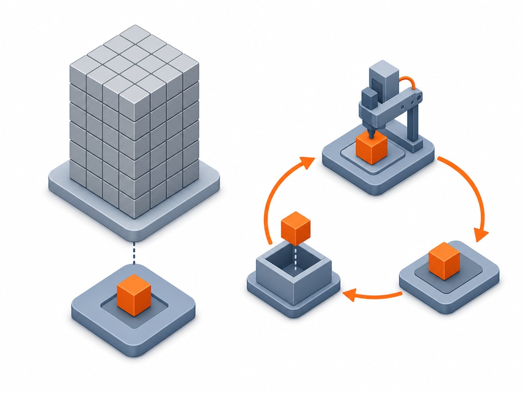 Isometric diagram contrasting two approaches: on the left, a full stack of blocks being built all at once before use; on the right, a single block being produced, used, and replaced one at a time in a continuous small loop
