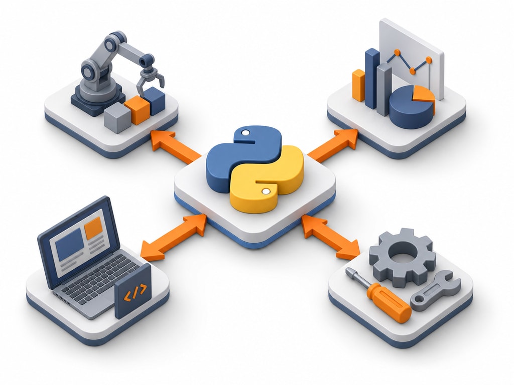Isometric diagram showing a single Python logo icon in the center, with arrows branching out to four surrounding icons representing automation, data analysis, web development, and general software