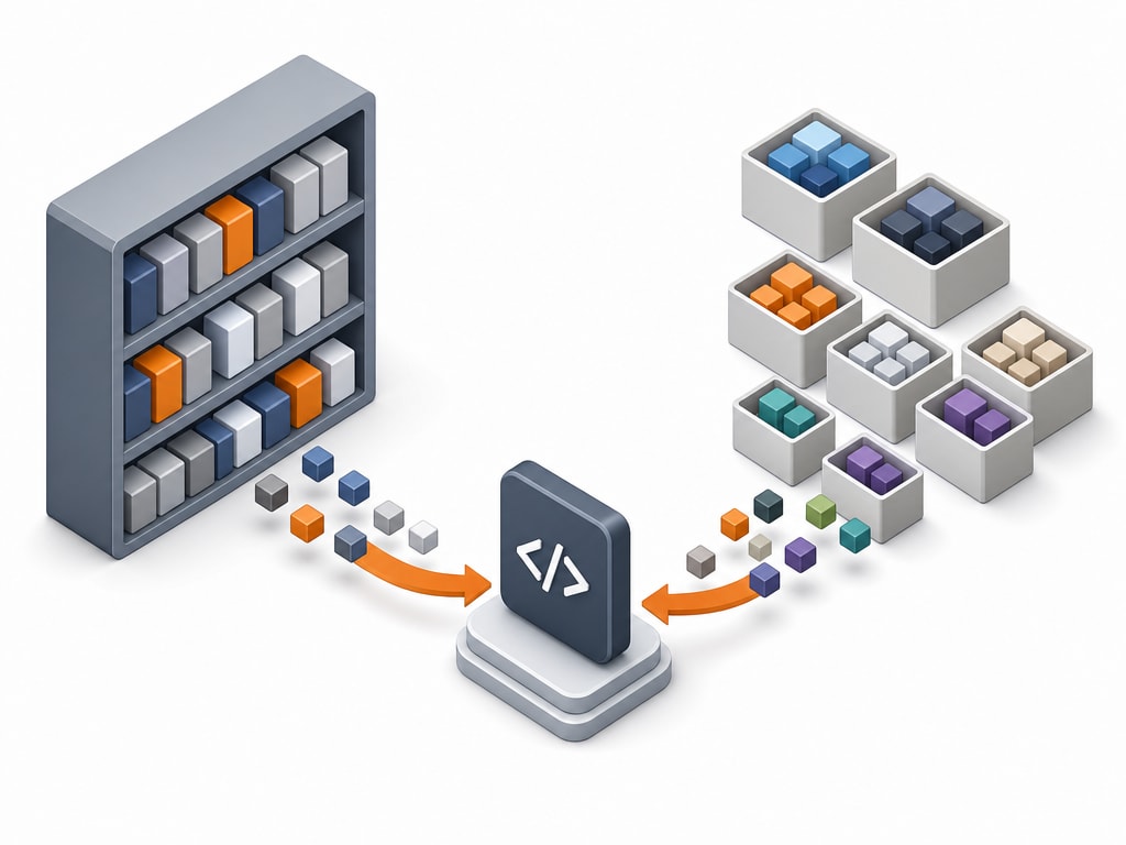 Isometric diagram showing a Python script icon in the center with arrows pulling in modules from two labeled source groups on either side, one representing the built-in standard library and one representing external packages