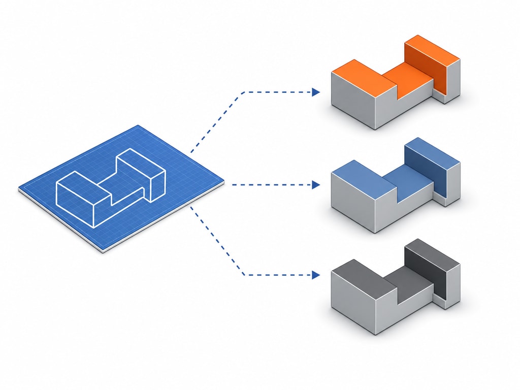 একটি আইসোমেট্রিক ডায়াগ্রাম যেখানে একদিকে Student লেবেলযুক্ত একটি ক্লাস ব্লুপ্রিন্ট দেখানো হয়েছে, আর তীরচিহ্ন অন্য দিকে একাধিক আলাদা অবজেক্ট instance তৈরি করছে, প্রতিটি একই রকম আকৃতি কিন্তু ভিন্ন অ্যাকসেন্ট রঙের ভ্যারিয়েন্ট