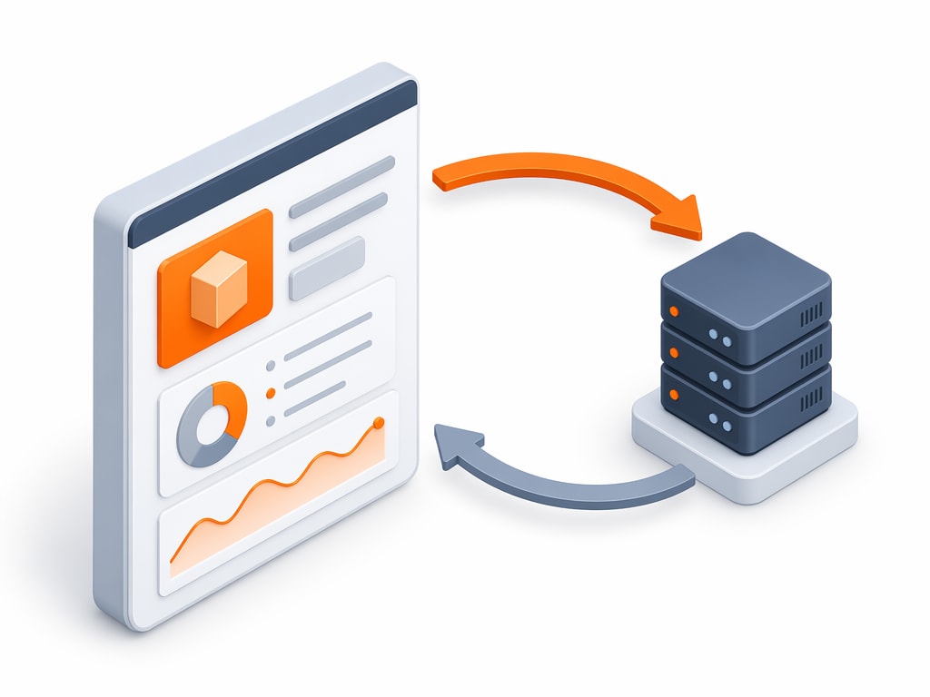 Isometric diagram showing a component rendering, an effect firing off a request to a small API server icon, and the response flowing back to update the component's state