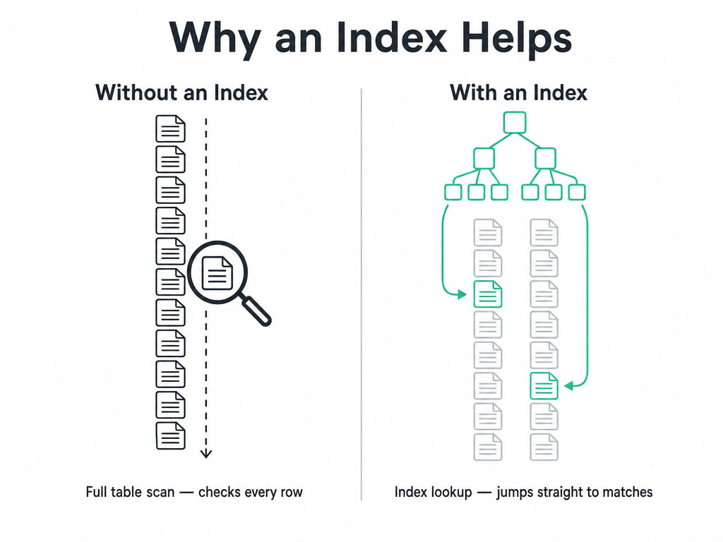 Diagram comparing a full table scan without an index against a direct index lookup that jumps straight to matching rows