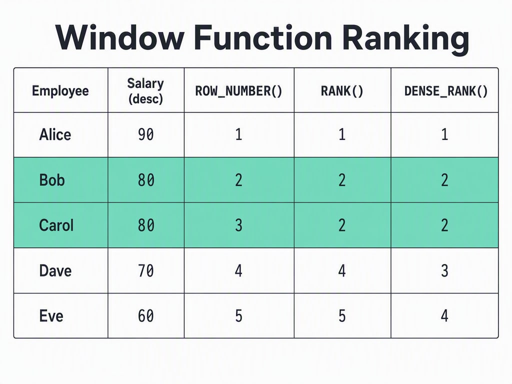 Table comparing how ROW_NUMBER, RANK, and DENSE_RANK number the same five rows differently when two rows tie on value