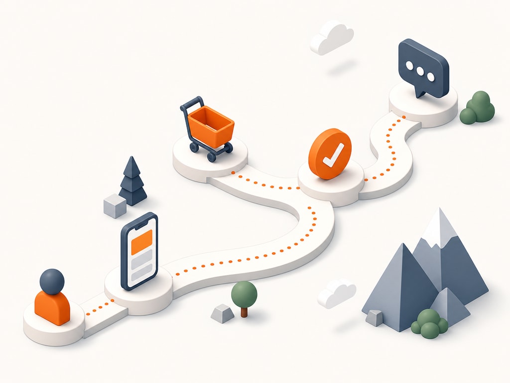 একটা phone, একটা shopping cart, আর একটা checkmark-এর icon সহ একটা এলোমেলো dotted path-এর একটা isometric illustration