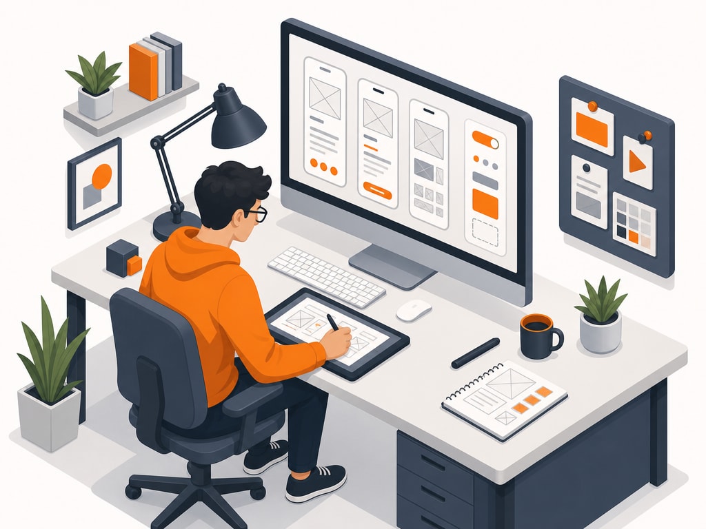 একটা মনিটরে wireframe screen আর কাছে UI component-এর একটা mood board সহ একটা ডেস্কে কাজ করা একজন designer-এর isometric illustration