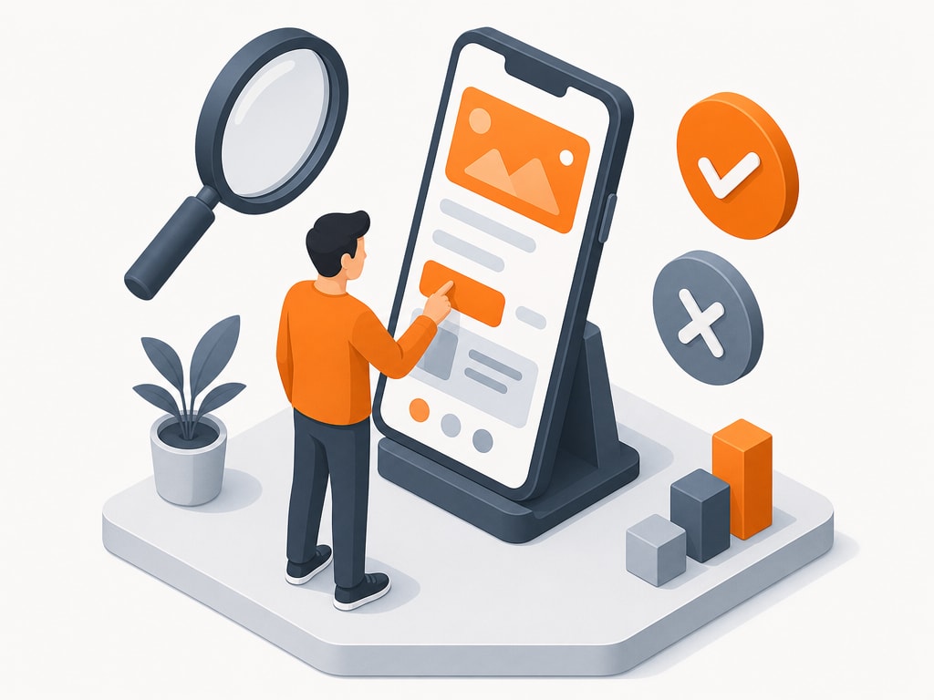 একটা magnifying glass আর checkmark আর X icon কাছে ভাসতে ভাসতে একটা smartphone app পরীক্ষা করা একজন ব্যক্তির isometric illustration