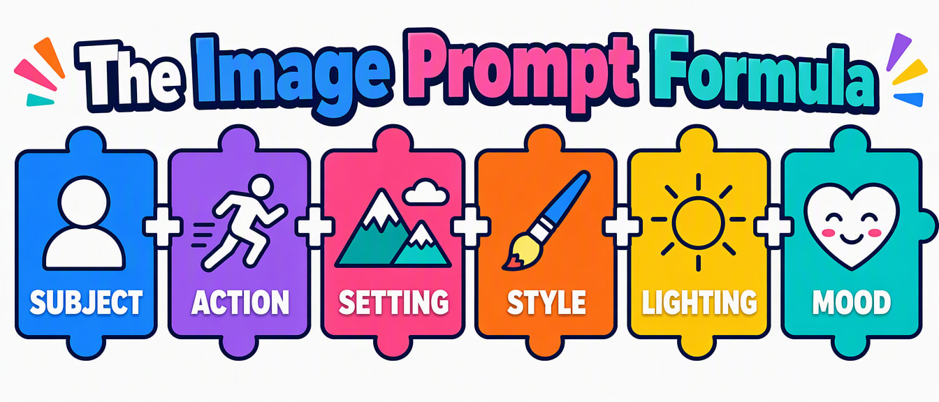 Colorful infographic showing the image prompt formula as six connected building blocks: subject, action, setting, style, lighting, and mood