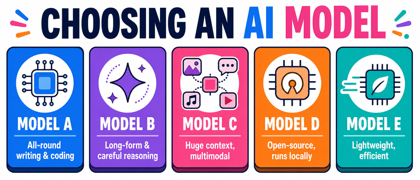 Colorful infographic showing five generic AI model cards, each labeled with its general strength — all-round writing and coding, long-form reasoning, huge multimodal context, open-source local use, and lightweight efficiency