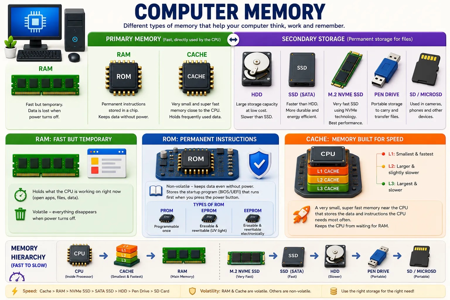 An infographic comparing computer memory types — RAM, ROM, and cache as primary memory, alongside HDD, SSD, NVMe, and other secondary storage — ordered by speed