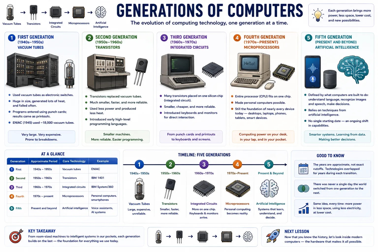 একটা infographic যেখানে কম্পিউটারের পাঁচটা generation কভার করা — vacuum tube, transistor, integrated circuit, microprocessor, আর artificial intelligence — আনুমানিক সময়কাল আর উদাহরণ সহ