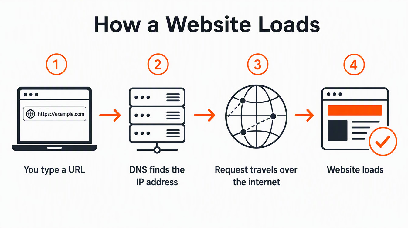 Four-step flow diagram showing what happens when a website loads: typing a URL, DNS finding the IP address, the request traveling over the internet, and the website loading