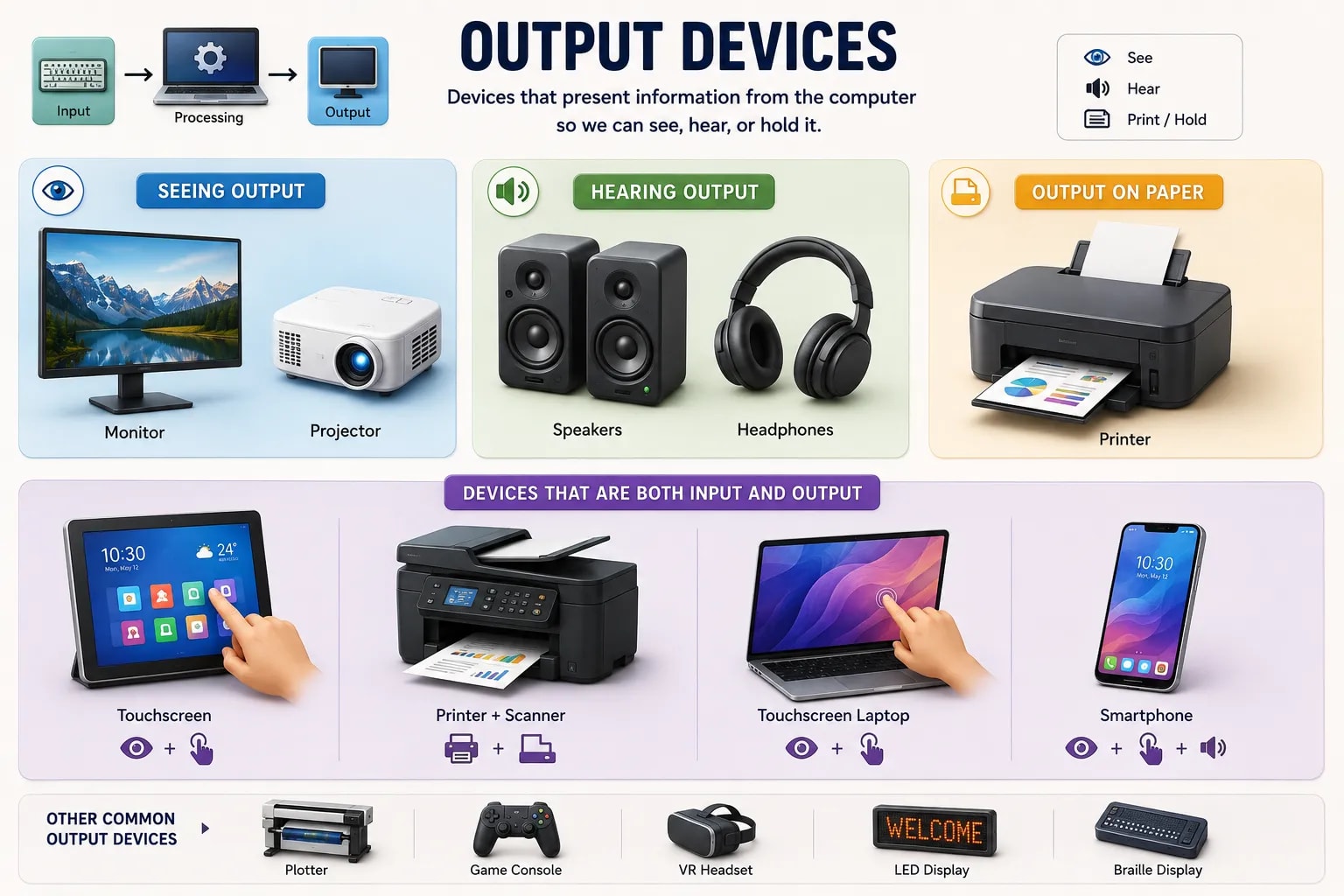 An infographic of computer output devices — monitors, projectors, speakers, headphones, printers, touchscreens, and specialized devices like VR headsets and braille displays