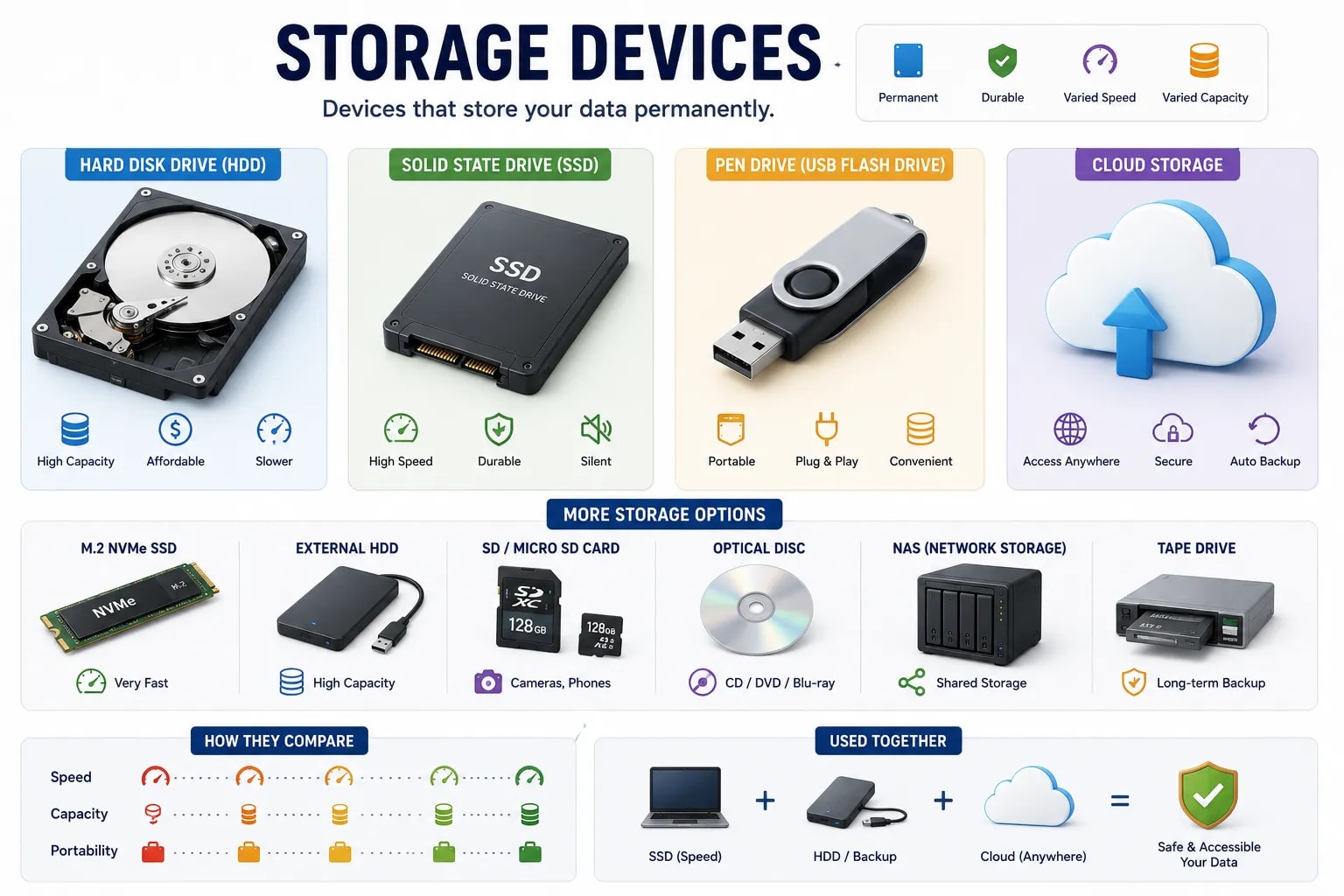 storage device তুলনা করা একটা infographic — hard disk drive, solid state drive, USB flash drive, আর cloud storage — গতি, capacity, আর portability সহ