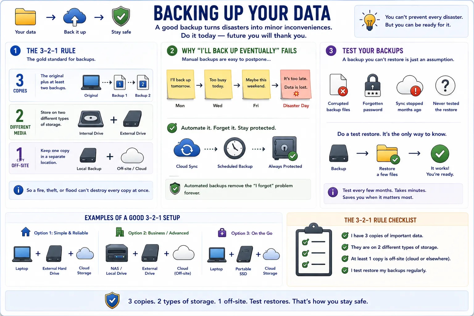 An infographic covering the 3-2-1 backup rule — 3 copies, 2 different media, 1 off-site — and why untested backups are just an assumption