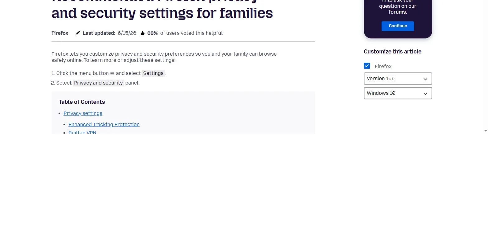 A real Firefox support article explaining how to open the browser's Privacy and Security settings panel from the menu button