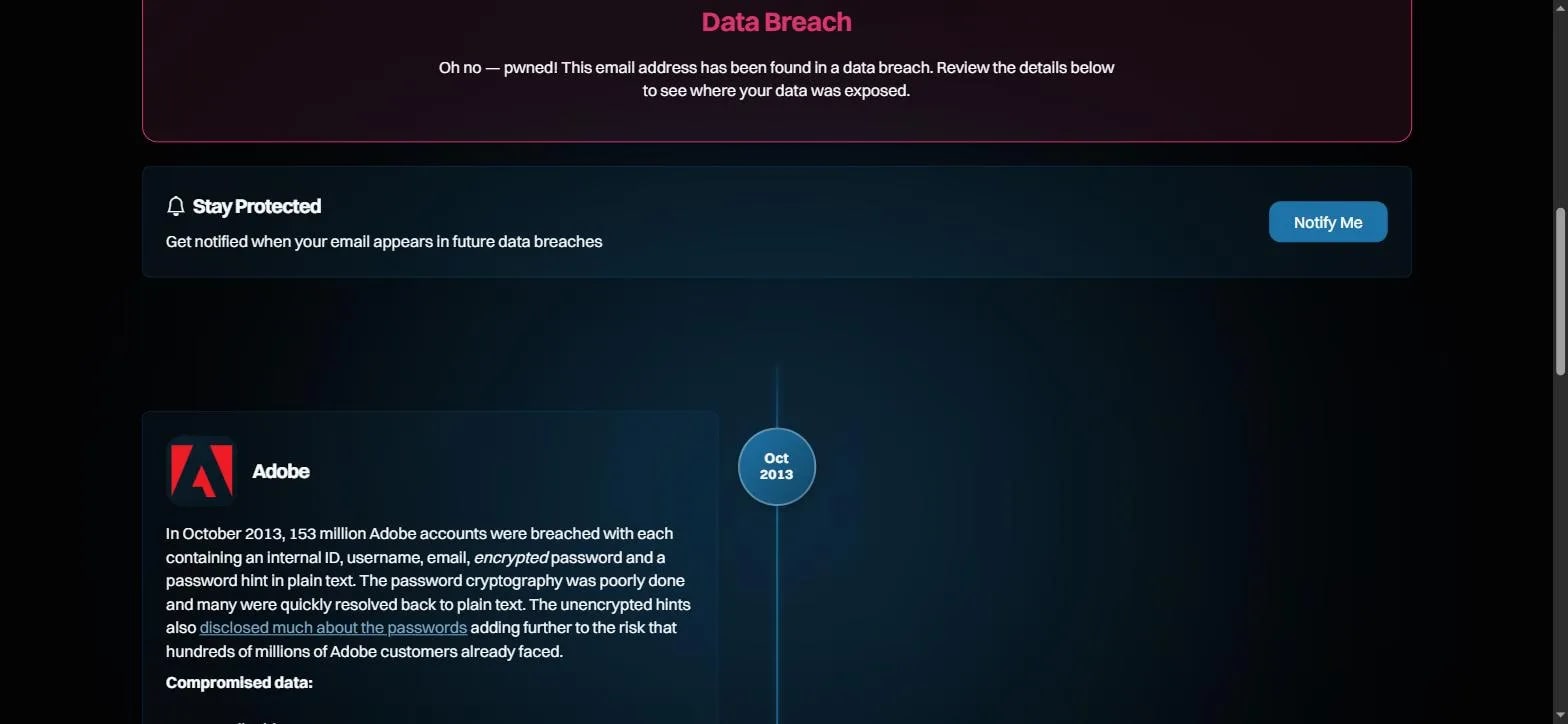 A real Have I Been Pwned result screen showing "Oh no — pwned!" with a breach timeline entry for Adobe, using HIBP's own official public test account