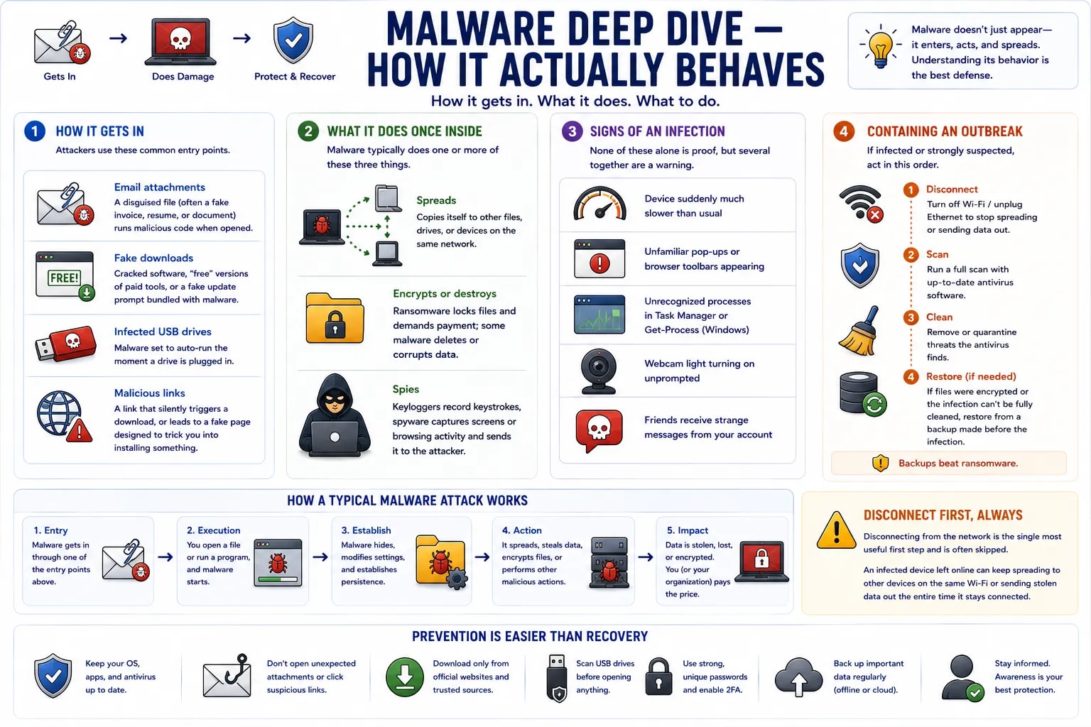 An infographic covering how malware gets in, what it does once inside, signs of an infection, and the steps to contain an outbreak