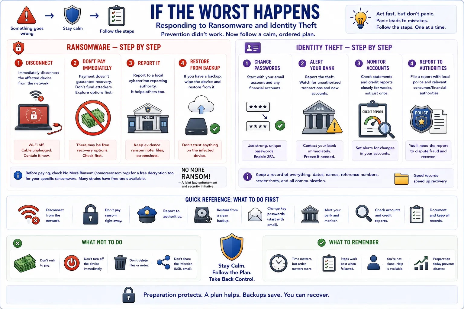 একটা infographic যেখানে ransomware-এর ধাপে ধাপে response কভার করা — disconnect, pay না করা, report করা, backup থেকে restore করা — আর identity theft-এর — password পরিবর্তন, bank-কে জানানো, account monitor করা, authority-কে report করা
