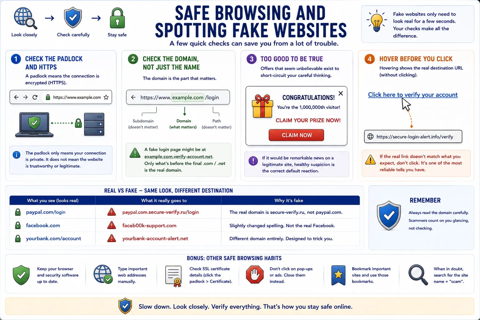 একটা infographic যেখানে safe browsing কভার করা — padlock আর HTTPS check করা, শুধু নাম না আসল domain check করা, সত্যি হতে খুব ভালো offer চেনা, আর click করার আগে hover করা